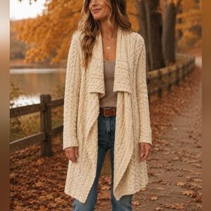IrelandsEye Cream Cable Knit Open Cardigan Sweater Medium 100% Virgin Wool